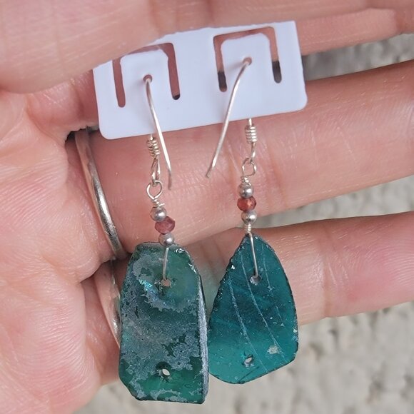 New handmade sterling silver 925 blue green sea glass dangle earrings - Picture 13 of 16